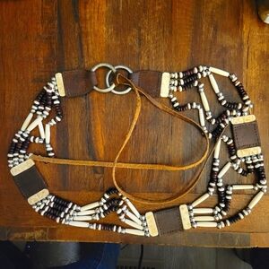 Beaded Retro Belt, Hairpipe Beads, Round Beads, Leather, 35" long 1.5"" Wide